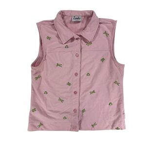 VTG Links Frog Embroidered Vest Womens L Pink Cottagecore Whimsical Sweatshirt L